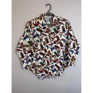 Vintage On the Verge Cowboy boot print button up shirt size Large
